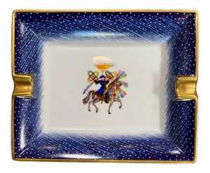 1980s Vintage Hermes Blue Porcelain Fan Ashtray