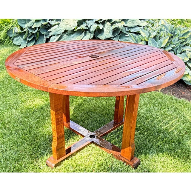 Hollywood Regency 1990s Exceptional Vintage Hand-Carved Estate-Quality 5-Piece Solid Teak Patio Dining Set For Sale - Image 3 of 13