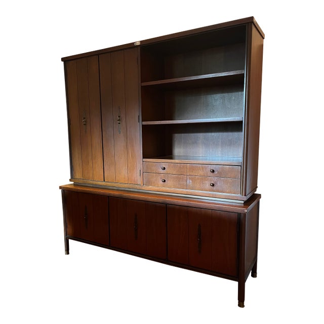 1950s Mid-Century Modern Wood Hutch / China Cabinet With Brass Hardware For Sale