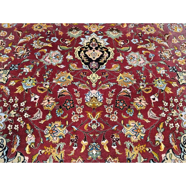 Vintage Persian Tabriz Rug, Hand-Knotted Wool & Silk, Fine Floral Pattern, Burgundy & Navy, 10x13 For Sale - Image 17 of 18
