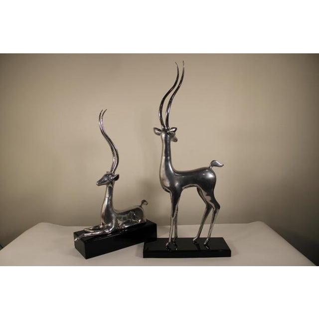 Phyllis Morris Late 20th Century Silver Plated Deer With Tall Antlers on Glossy Black Bases - Set of 2 For Sale - Image 4 of 13