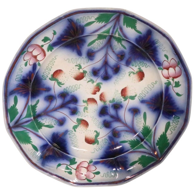 Antique Gaudy Welsh Blue Strawberry dinner plate in good, original, clean and ready to display condition, shows...