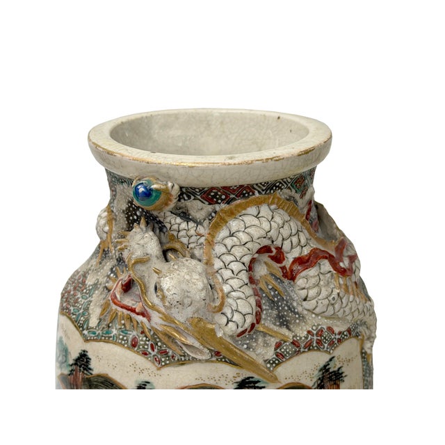 Vintage Asian Satusma Ceramic Handpainted Samurai Relief Dragon Motif Vase For Sale - Image 12 of 18