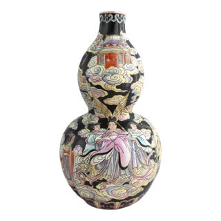 Antique Chinese Famille Noir Porcelain Vase, Double Gourd Shape, Qing Dynsty 15" For Sale