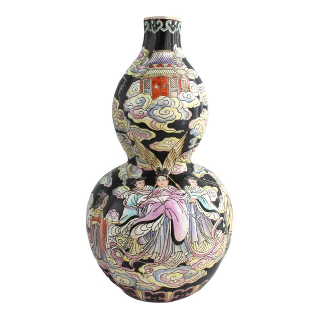 Antique Chinese Famille Noir Porcelain Vase, Double Gourd Shape, Qing Dynsty 15" For Sale