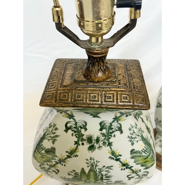 Mid 20th Century Chinoiserie Hand Painted Green Floral Vintage Lamps – A Pair For Sale - Image 10 of 10