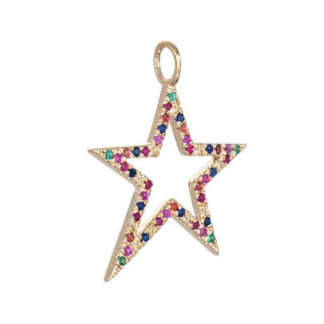 Finely detailed multi gemstone star pendant crafted in 14k yellow gold. Small estimated 1mm gemstones - emerald, ruby,...