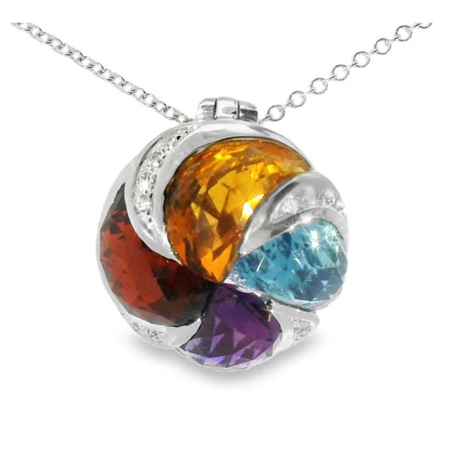 14K White Gold Multi-Gemstone Diamond Pendant. Elegant pendant featuring natural garnet, citrine, blue topaz, and...