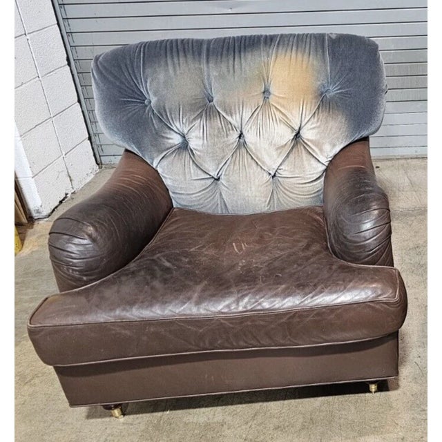 Traditional Late 20th Century Baker Brown Leather & Blue Suede Club Armchair For Sale - Image 3 of 8