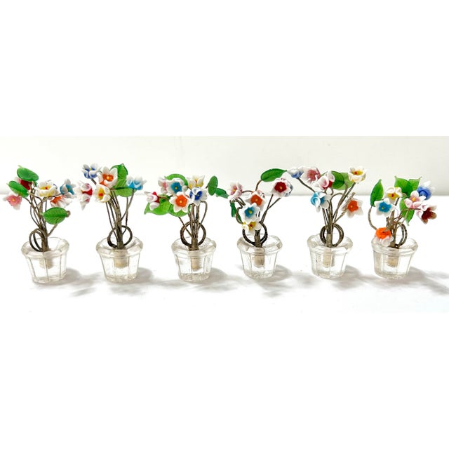 1950s Miniature Czech Art Glass Potted Flowers Bouquet Place Card Holders - A Set of 6 For Sale - Image 4 of 12