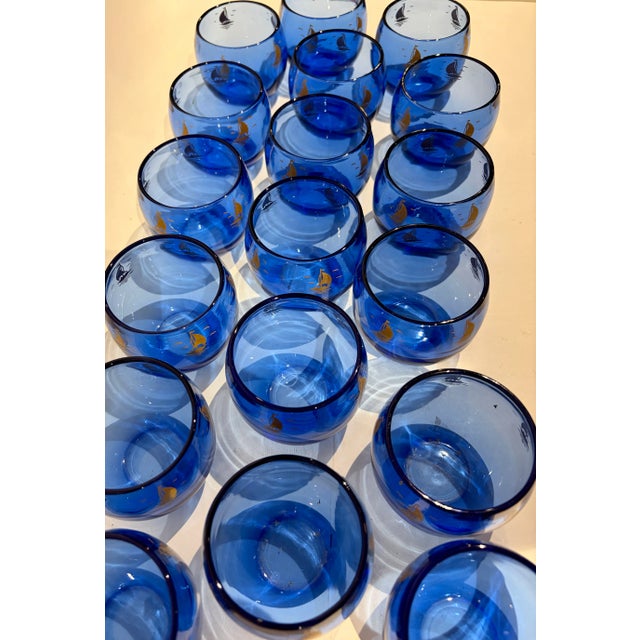 Glass Vintage Hazel Atlas Light Royal Cobalt Blue Cocktail Glasses With Sailboat Roly Poly - Set of 18 For Sale - Image 7 of 7