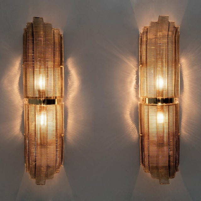 Mid-Century Modern Modern Brass and Textured Murano Glass Wall Lights, Italy, 2000, Set of 2 For Sale - Image 3 of 11
