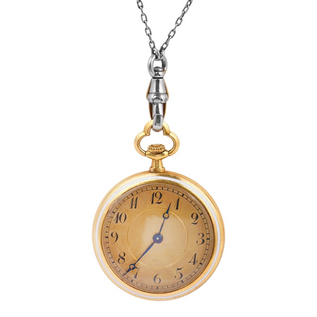Early 20th Century French Belle Époque Guilloché Enamel Pocket Watch 18k Gold Necklace For Sale