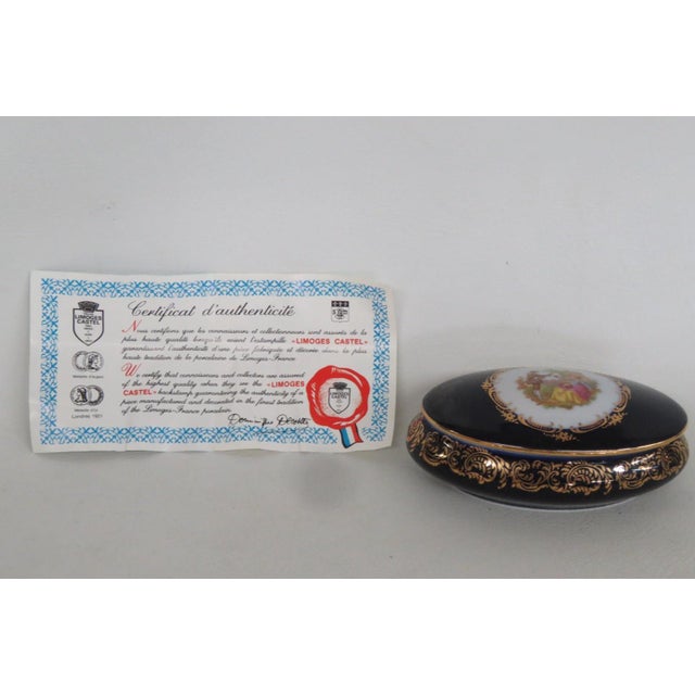 Limoges Castel Oval Trinket Box Cobalt Blue 22k Gold Trim Courting Couple 5190b For Sale - Image 10 of 14