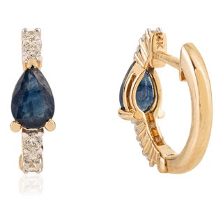 14k Gold Vibrant Sapphire & Diamond Chic Huggie Hoop Earrings- A Pair For Sale