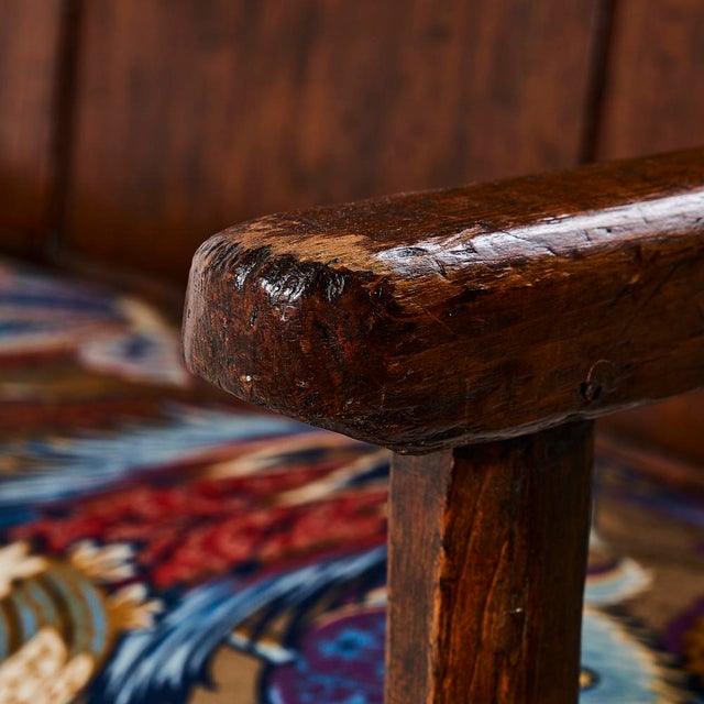 Brown 19th Century Wood Bench with Schumacher Zanzibar Linen Print Cushion For Sale - Image 8 of 13