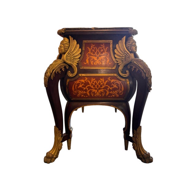 Vintage French Louis XIV Style Walnut Bombe Commode, Mid-20th Century – Marble Top & Ormolu For Sale - Image 4 of 18