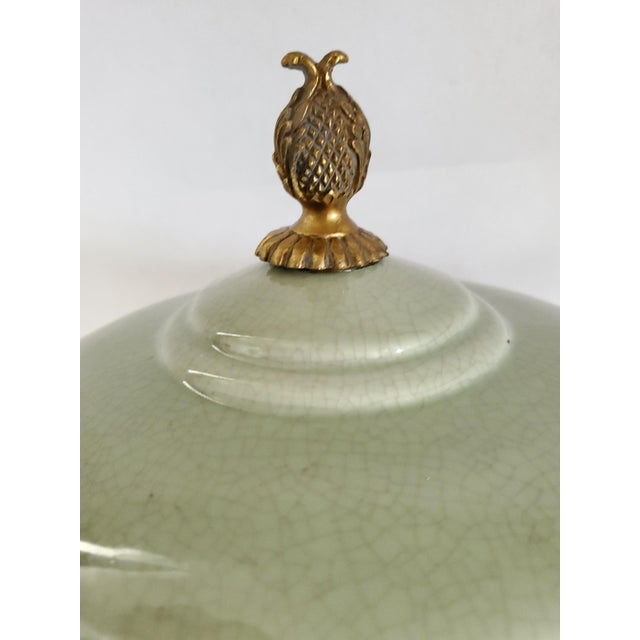 Footed Bowl or Urn Celadon Green & Brass Candy Dish For Sale - Image 12 of 12