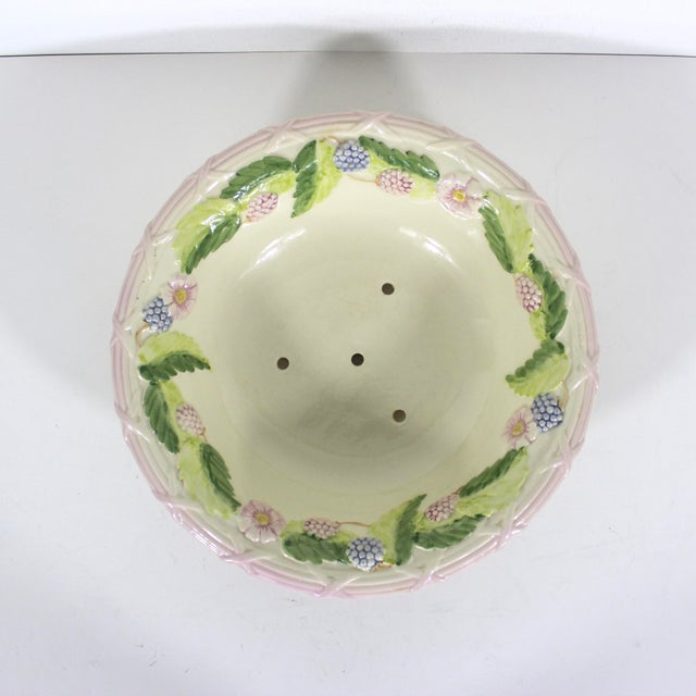 Farmhouse Vintage Ceramic French Majolica Colander or Berry Bowl With Drainage Platter for Draining, Holes, Fruit Strainer Serving Pink 2 Piece Set For Sale - Image 3 of 10