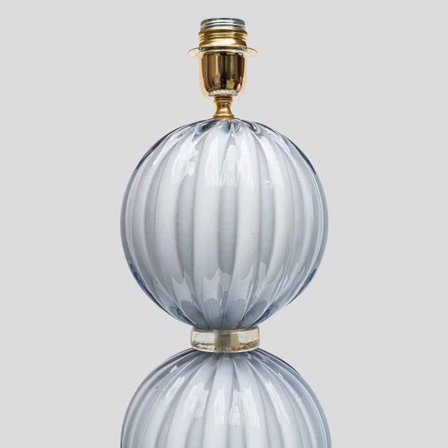 Italian design elegant pair of table lamps, Pale blue-grey blown Murano glass 3 spheres with gold inclusions table lamps...