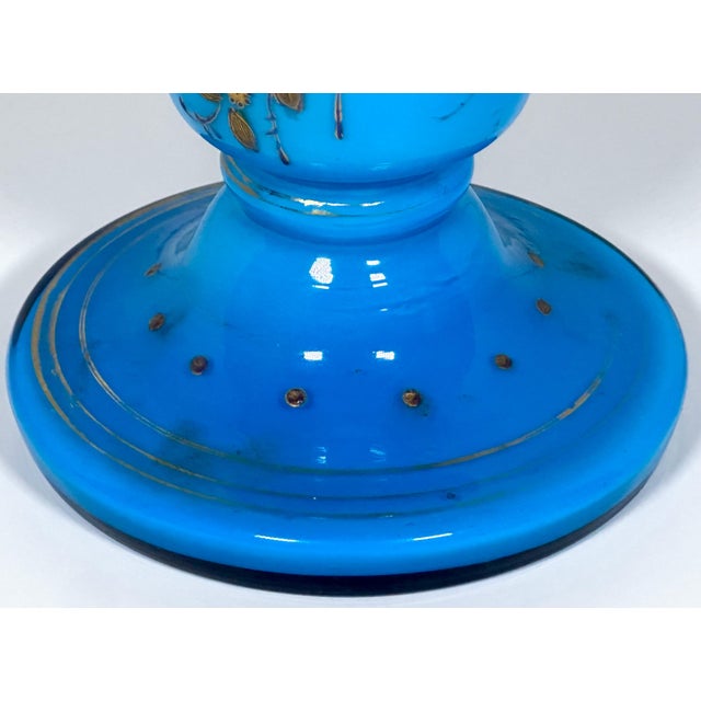 19th Century Victorian Moser Blue Opaline Glass Vase: Gilt Floral Decor, 15.5" For Sale - Image 6 of 10