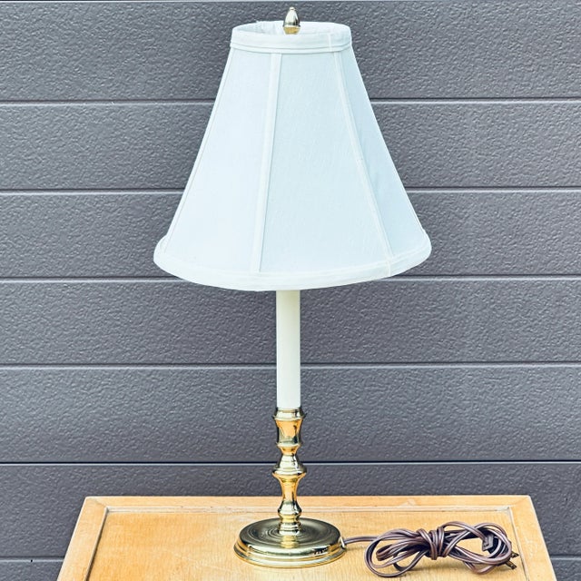 Traditional Virginia Metalcrafters Solid Brass Candlestick Lamp With Silk Shade and Brass Acorn Finial For Sale - Image 3 of 11