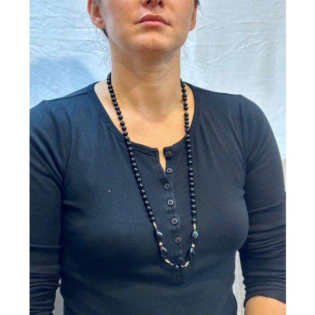 Round 8 MM Bead Black Onyx & 14 Karat Gold Bead Necklace 32 Inch Long For Sale - Image 14 of 18