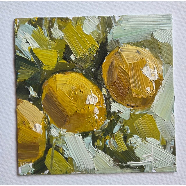 An impressionist oil painting of a lemon tree, by UK based artist Vivek Mandalia. Frame and hang in your home. 20 x 20 cm...