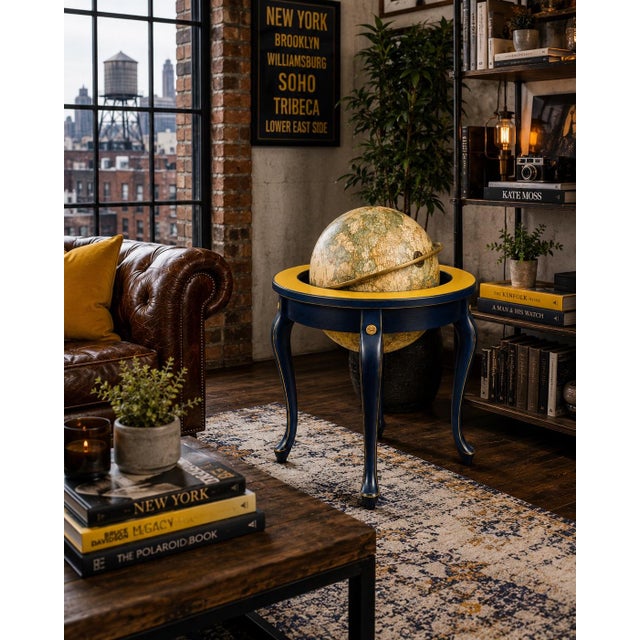 MIDNIGHT BLUE & CANARY YELLOW VINTAGE LIBRARY GLOBE ON QUEEN ANNE STAND New York Loft Edition A boldly reimagined vintage...