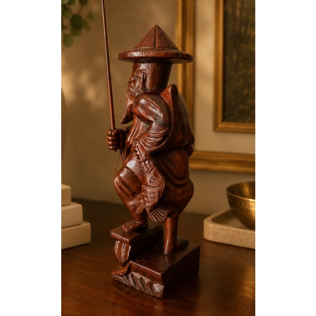Vintage Mid-Century Hand Carved Wooden Chinese Fisherman Figure Asian Decor For Sale - Image 4 of 4