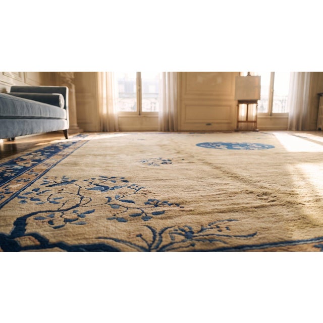 Beautiful Little Birds on Branches in the Center on Beige Background Color Antique Chinese Peking Rug For Sale - Image 10 of 10