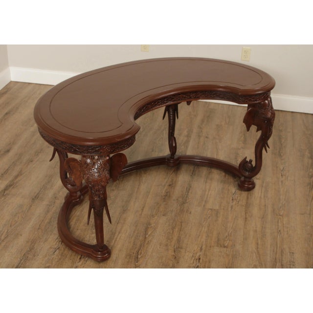 High Quality Vintage Painted Kidney Shaped Desk with Drawer, Carved Elephant Heads