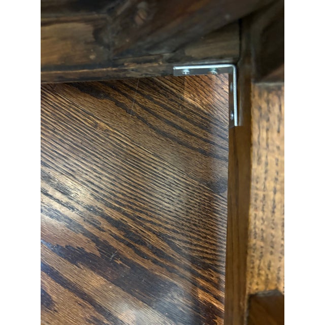 Pair of Antique Arts & Crafts Mission Quarter-Sawn Tiger Oak Dining Chairs With Embossed Leather Seats For Sale - Image 10 of 11