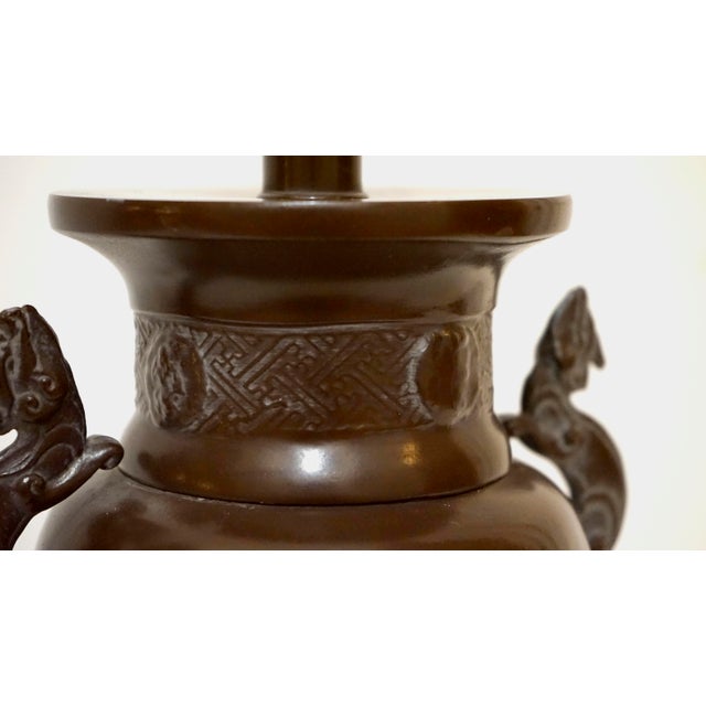 Brown Vintage Patinated Brass Meiji Style Elephant and Dragon Lamp For Sale - Image 8 of 13