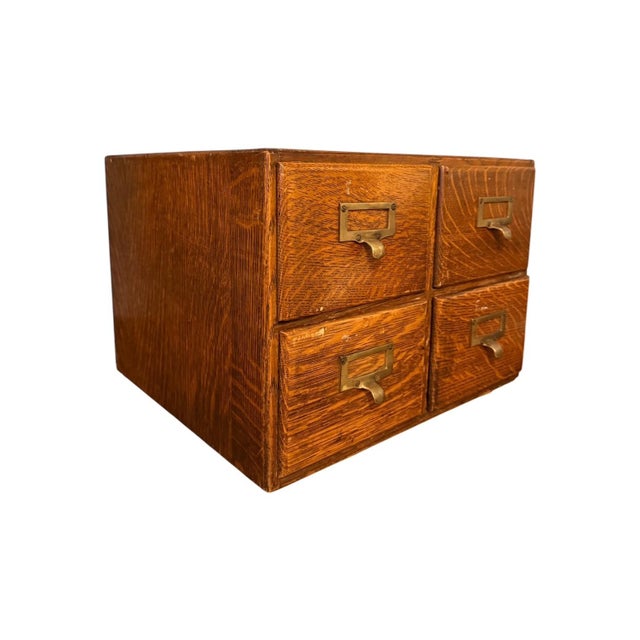 Wood Vintage Macey Library Card Catalog – Four Drawer Wood Cabinet With Brass Hardware For Sale - Image 7 of 13