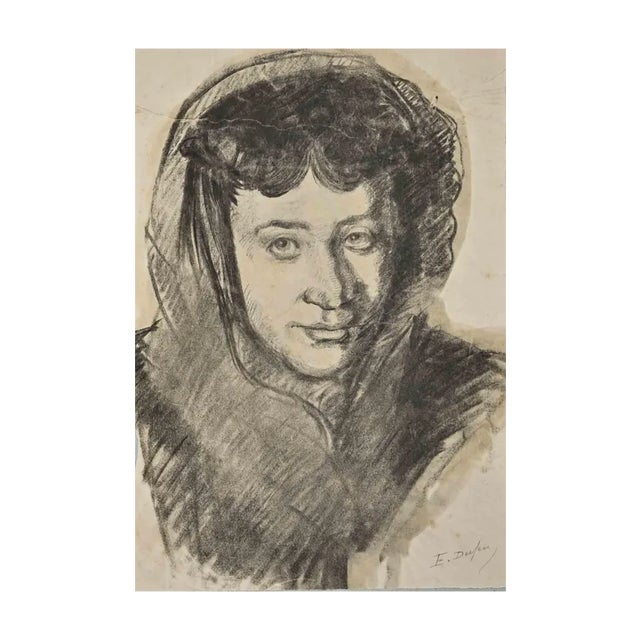 Edouard Dufeu, Portrait, Original Charcoal & Watercolor, Late 19th Century For Sale