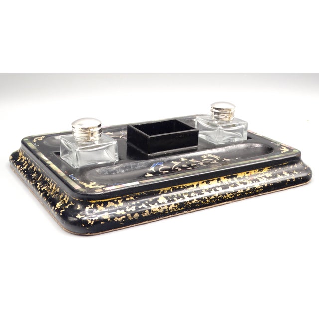 Antique English Double Inkwell Desk Organizer For Sale - Image 4 of 12