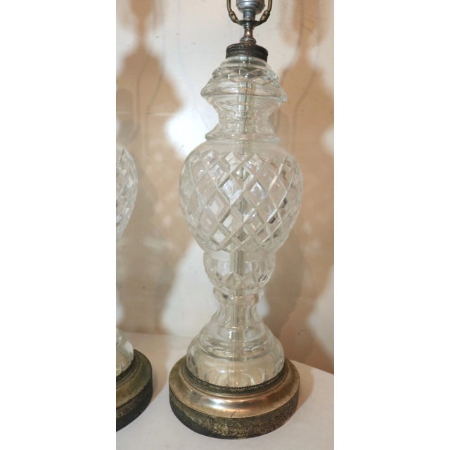 Vintage Pair of 2 Cut Clear Crystal Glass Silver Toned Electric Table Lamps For Sale - Image 9 of 12