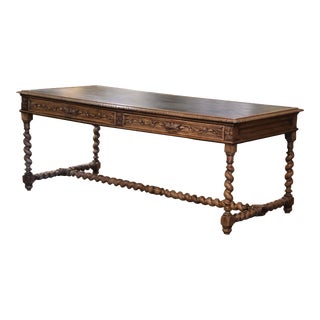 Large 19th Century French Leather Top Carved Bleached Oak Table Desk With Drawer For Sale
