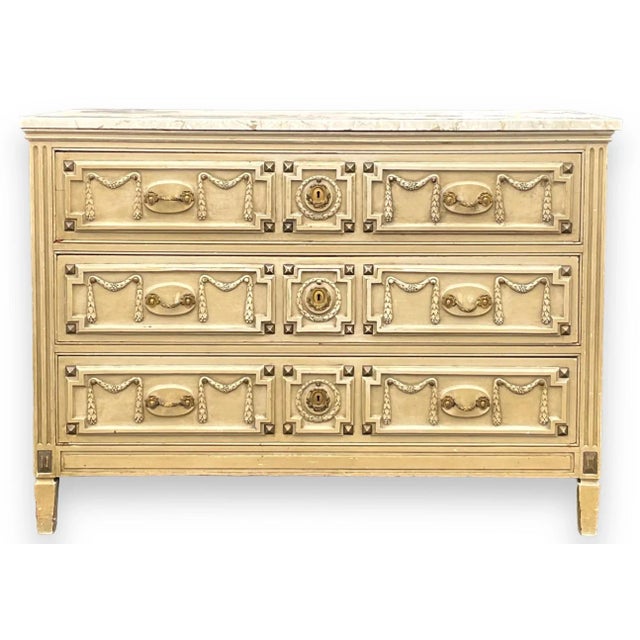 Ivory French Style Bench Made in New York Commode / Chest of Drawers Travertine Top For Sale - Image 8 of 9
