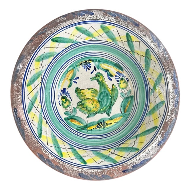 Spanish Ceramic Lebrillo Plate with Painted Bird from Triana For Sale