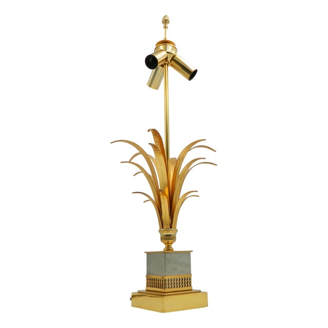 Brass Table Lamp with Golden Leaves by Boulanger, 1970s For Sale