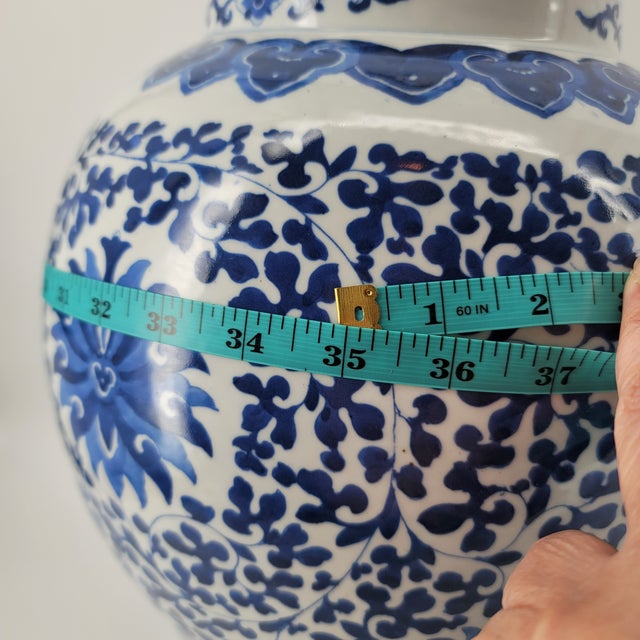 Vintage Large Hand-Painted Chinoiserie Blue & White Lotus Temple Porcelain Jar With Lid For Sale - Image 15 of 18