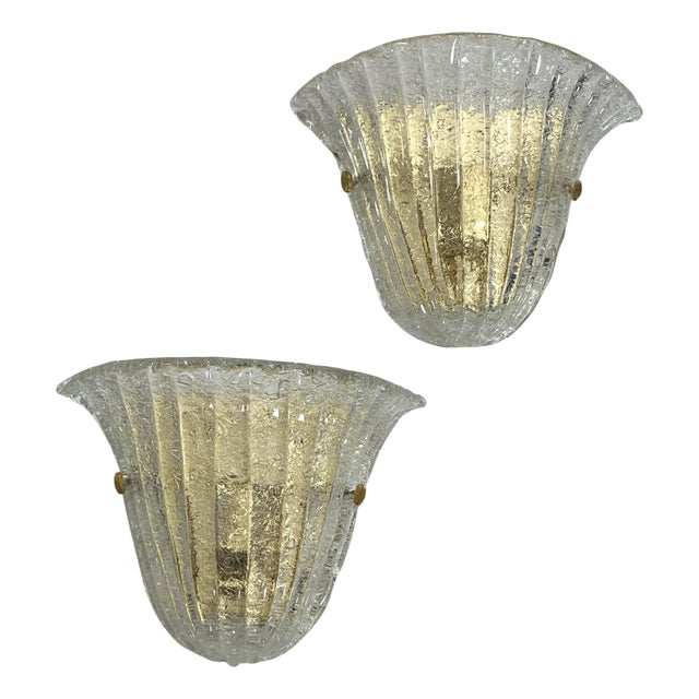 Mid-Century Murano Glass Brass Wall Lamps, 1970s, Set of 2 For Sale