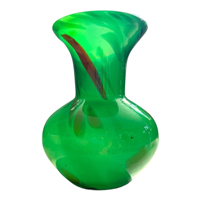 Vintage Green Art Glass Vase | Emerald Green With Amber Inclusions | Sculptural For Sale