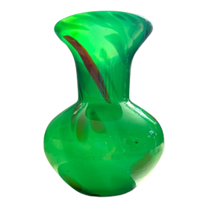 Vintage Green Art Glass Vase | Emerald Green With Amber Inclusions | Sculptural