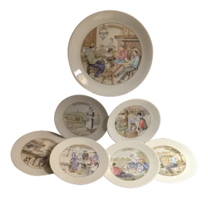 French Limoges Apilco Village Scenes Cheese Plate \ Dessert Set - 7 Piece Set
