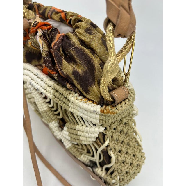 Tan Vintage Roberto Cavalli Macrame Silk Drawstring Baguette For Sale - Image 8 of 9