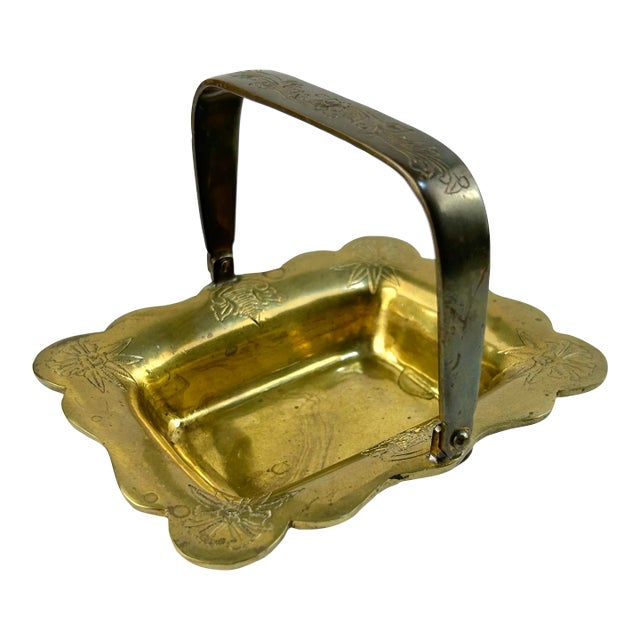 Hollywood Regency Brass Floral Etched Soap Dish Basket – Vintage Brass Trinket Dish For Sale