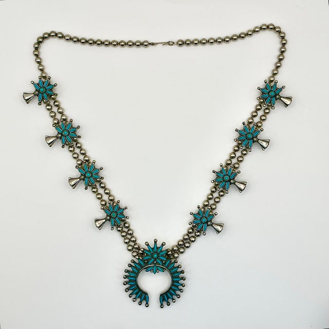 Turquoise 1960s Vintage Southwestern Zuni Native American Sterling & Turquoise Squash Blossom Beaded Necklace, 27” For Sale - Image 8 of 12